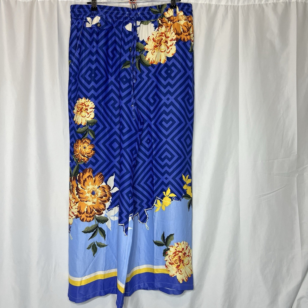 Anthropologie Maeve Print Straight-Leg Pull-On Pants L Blue Floral Resort Vacay